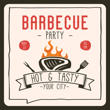 BBQ party card template with steak. BBQ grill square card for social media marketing. Barbecue post design. Stock vector poster flyerのイラスト素材