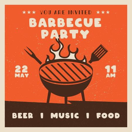 Retro BBQ party card template. BBQ grill square card for social media marketing. Barbecue post design. Stock vector poster flyerのイラスト素材