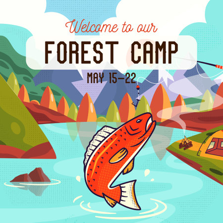 Forest Camp Social media post template with mountains landscape and fish. Classic camping invitation card design. Stock vector poster graphicsのイラスト素材
