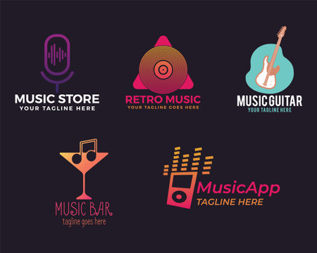 Retro Music Vector Logo Templates Set. Music Vynil, app Emblems in colorful gradient style. Branding identity for musical business company. Stock vector label designsのイラスト素材