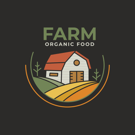 Farm Logo vector template with barn and farmer landscape. Locally grown badge design. Eco logotype. Stock vector emblemのイラスト素材