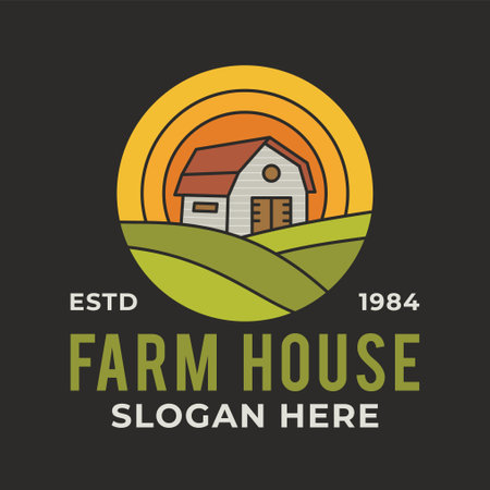 Farm House Logo vector template with barn and farmer landscape. Locally grown badge design. Eco logotype. Stock vector emblemのイラスト素材