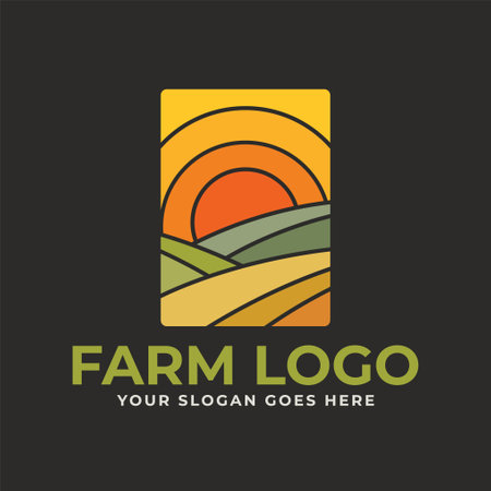 Farm Logo vector template with farmer landscape. Locally grown badge design. Eco logotype. Stock vector emblemのイラスト素材