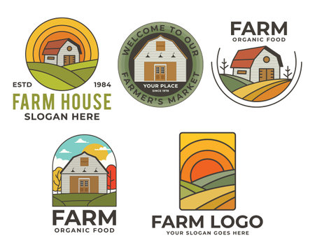 Farm Logos vector templates set with barn and farmer landscape. Locally grown badges design. Eco logotypes. Stock vector emblems isolated on white backgroundのイラスト素材