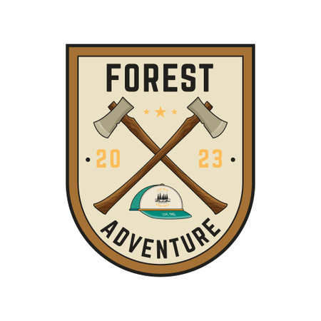 Vintage forest camping logo badge featuring wilderness-themed design including retro axes. Stock vector travel label isolatedのイラスト素材