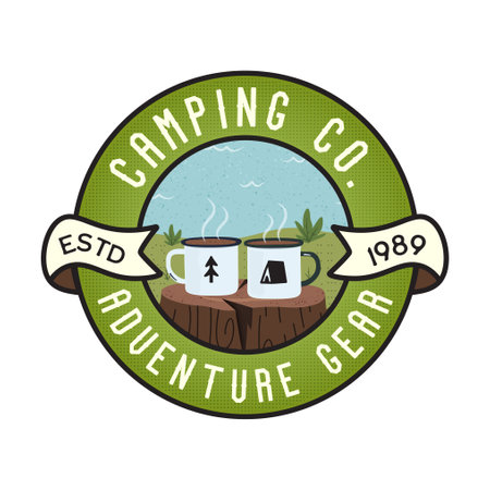 Camping logo badge vector design with coffee enamel mugs and lake. Camp badge graphics in retro style. Travel colorful emblem. Stock vector label isolatedのイラスト素材