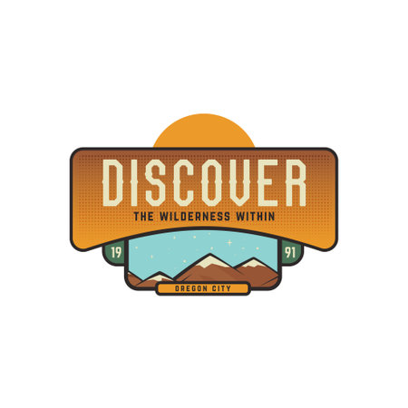 Vintage camping logo badge featuring wilderness-themed design including mountains and sun. Stock vector travel labelのイラスト素材