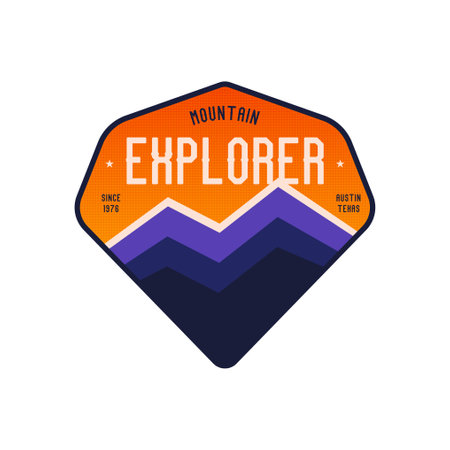 Camping explorer logo badge vector design with mountains. Camp badge graphics in retro style. Travel colorful emblem. Stock vector label isolatedのイラスト素材