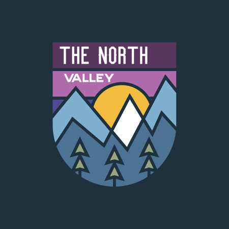 Vintage camping logo badge featuring wilderness-themed design including mountains and text-the north valley. Stock vector wanderlust travel labelのイラスト素材