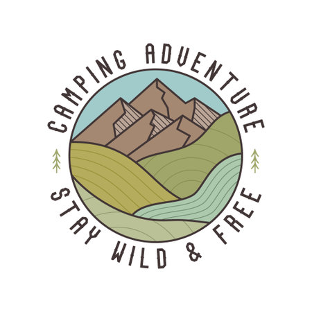 Retro camping badge featuring wilderness-themed design including mountains landscape. Stock vector travel label isolated on white backgroundのイラスト素材