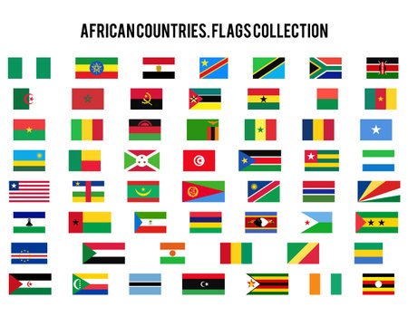 Africa Flag Icons Set. African Countries Original Flags - Egypt, Nigeria, South Africa and other. Stock Vector Graphics Element. 55 symbolsのイラスト素材