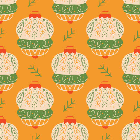 Christmas seamless pattern with decorative christmas tree toys. Cute holiday wallpaper background. Stock vector illustration on yellow backgroundのイラスト素材