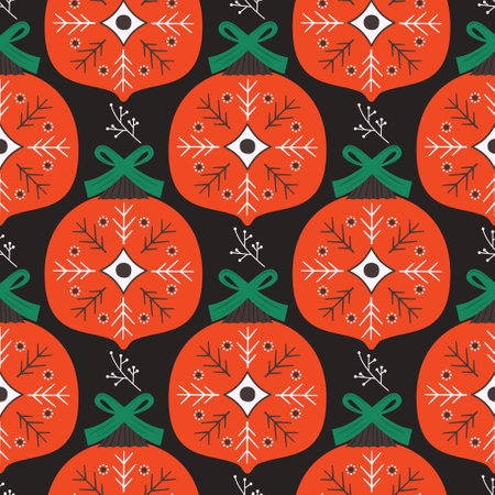 Christmas seamless pattern with red christmas tree toys. Cute holiday wallpaper background with decorative elements. Stock vector illustration on dark backgroundのイラスト素材
