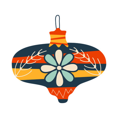 Christmas tree toy. Happy new year decoration in retro colors flat style with flower. Christmas sticker - holiday symbol icon. Vector illustrationのイラスト素材