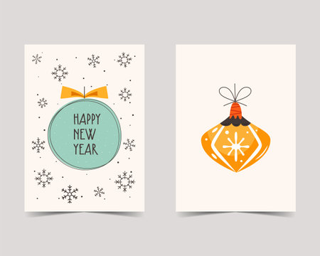 Happy New Year cards in cute flat style. Minimalistic xmas design. Christmas Holidays poster templates. Stock vector trendy brochure backgroundsのイラスト素材