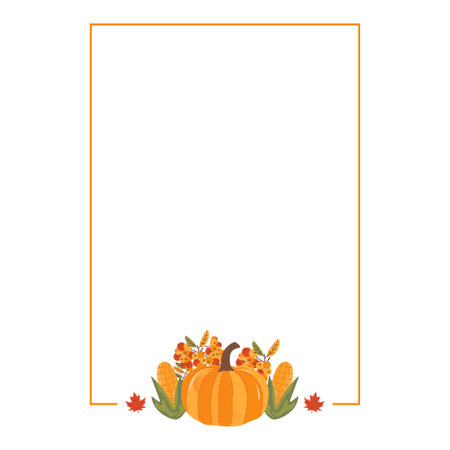 Autumn card. Fall season cozy poster. Autumn thanksgiving seasonal banner with corn, leaves, pumpkin. Stock vector designのイラスト素材
