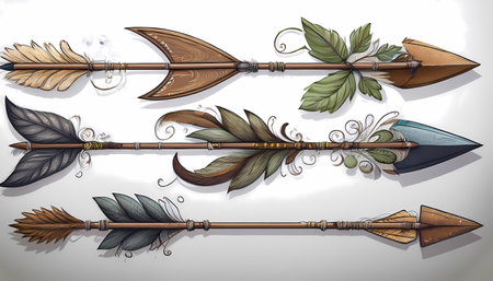 Nature-Inspired Arrow - set of doodle Nordic arrows with natural elements integrated in collection on white background. Graphic art illustration. Scandinavian Viking arrows.の写真素材