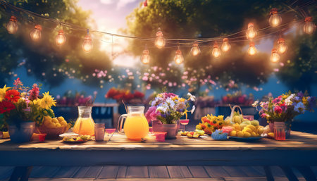 Garden Party - summer garden party scene with string lights hanging above a picnic table with drinks...