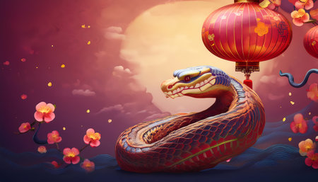 Elegant Snake and Lantern - 2025 China New Year symbol poster featuring a graceful snake coiled...