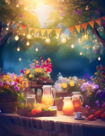 Garden Party - summer garden party scene with string lights hanging above a picnic table and food. Graphic art illustration flyer.の写真素材