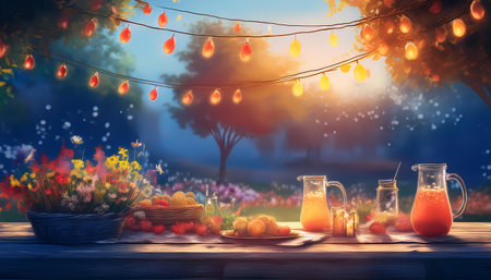 Garden Party - summer garden party scene with string lights hanging above a picnic table and food. Graphic art illustration wallpaper.の写真素材