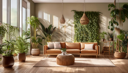 Eco friendly living room. Lush Indoor Jungle - a minimalist living room with a focus on eco-friendly...