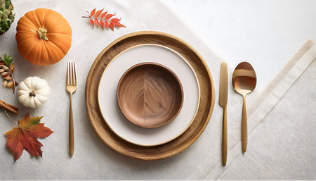 Minimalist Autumn mockup - Thanksgiving top-down view background featuring a country farmer style table with pumpkins. Graphic art illustration layout.の写真素材