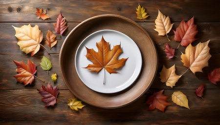 Minimalist Autumn mockup - Thanksgiving top-down view background featuring a country farmer style table with leaves and clean plate. Graphic art illustration.の写真素材