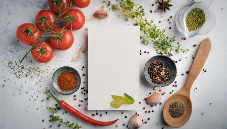 Restaurant mockup. top-down view of a blank restaurant menu card prominently displayed in the white background with tomatoes and spices. Graphic art illustration. Copy space.の写真素材