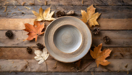Minimalist Autumn mockup - Thanksgiving top-down view background featuring a country farmer style table with leaves, clean plate. Graphic art illustration on wood background.の写真素材