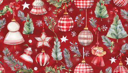 Retro Christmas pattern. Holiday Decor. A seamless pattern of vintage Christmas trees, toys. Graphic art illustration. Red print background.の写真素材