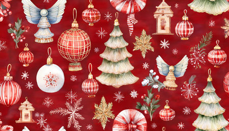 Retro Christmas pattern. Holiday Decorations. A seamless pattern of vintage Christmas trees. toys. Graphic art illustration.の写真素材