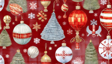 Retro Christmas pattern. Holiday Decorations. A seamless pattern of vintage Christmas trees. toys. Graphic art illustration. Red background.の写真素材