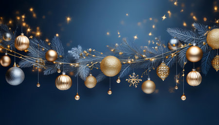 Christmas Elegant Garland, Sparkle background - A beautifully decorated Christmas garland with sparkling gold and New Year toys. Graphic art illustration scene.の写真素材