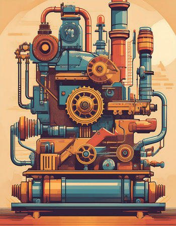 Classic Machinery - USA labor day themed poster showcasing vintage industrial machinery such as old-fashioned engine. Graphic art vertical illustration.の写真素材