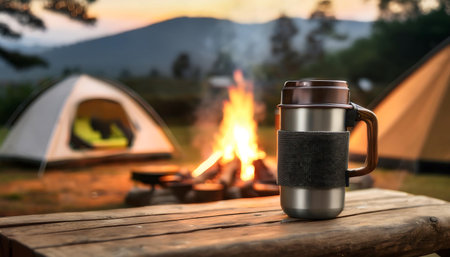 Travel mug mockup - travel mug with the forest landscape, campfire and tent behind. Hiking adventure scene. Graphic art illustration.の写真素材