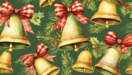 Retro Christmas pattern with Bells and Bows - A seamless design with country-style Christmas bells adorn. Graphic art illustration wallpaper.の写真素材