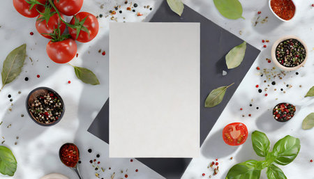 Restaurant mockup. top-down view of a blank restaurant menu card prominently displayed in the white background with tomatoes and spices. Graphic art illustration.の写真素材