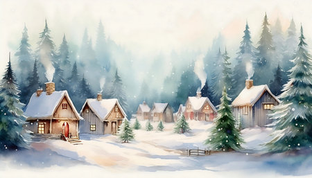 Winter Wonderland Village- A serene watercolor scene of a small Christmas village surrounded by pine trees. Graphic art illustration.の写真素材