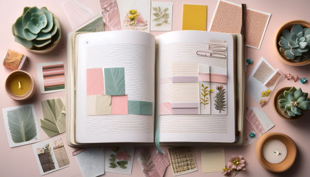 Bullet Journal Layout - A top-down view of a blank creative diary with decorative elements - pencils...