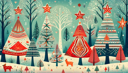 Folk Art Enchanted Forest poster - A magical forest scene with Christmas trees decorated in traditional Scandinavian style. Graphic art illustration.の写真素材