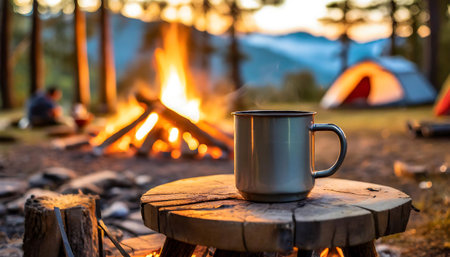 Enamel mug mockup tabletop - travel mug with the forest mountains landscape, campfire and tent on...