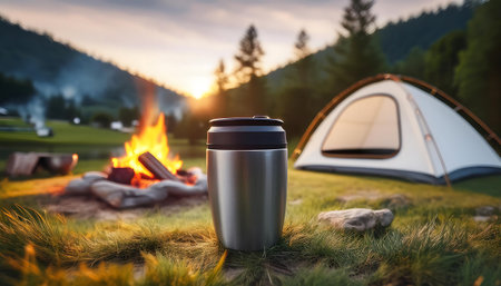 Travel mug mockup - A travel mug sitting on a grassy spot with the campfire and tent behind. Camping adventure scene. Graphic art illustration. hiking scene.の写真素材