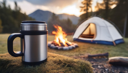 Travel mug mockup - travel mug with the mountains landscape, campfire and white tent behind. Hiking adventure scene. Graphic art illustration.の写真素材