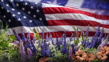 Labor Day mockup scene - Flag and Floral Centerpiece - Waving American flag draped over a rustic wooden table. Graphic art illustration.の写真素材