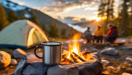 Enamel mug mockup - white travel mug with the mountains, campfire and tent behind. Hiking adventure scene. Graphic art illustration.の写真素材