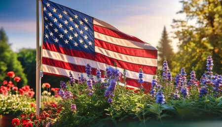American flag waving in the wind on a background of flowers and treesの写真素材