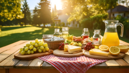 Cheese platter with different types of cheese and fruits on table outdoorsの写真素材