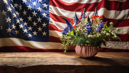 American flag and flowers in vase on wooden table. American holiday conceptの写真素材