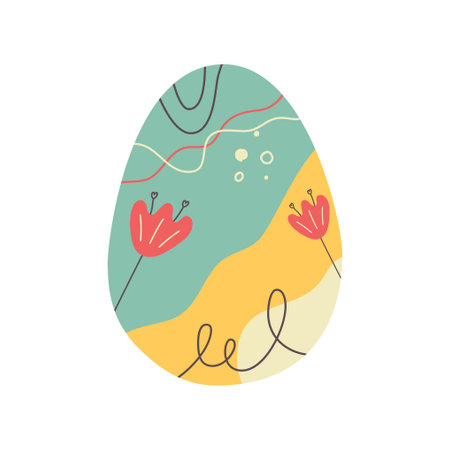 Easter egg design. Easter holiday egg hunt in colorful flat style with tulips. Art deco decoration. Stock vector illustration clipart.のイラスト素材